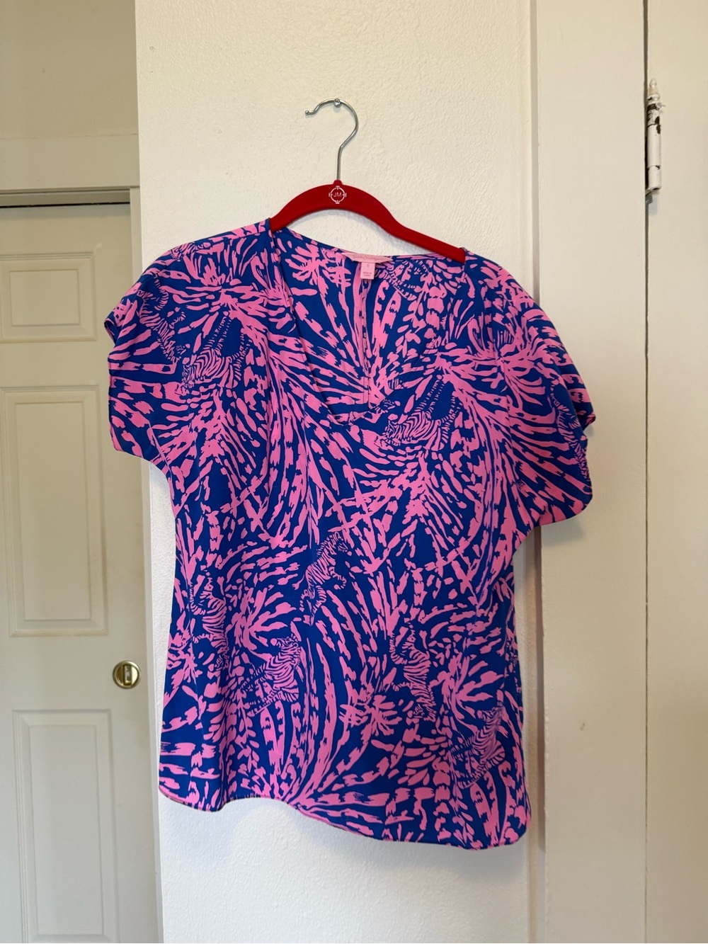 Lilly Pulitzer Pink and Blue Short Sleeve Printed Blouse